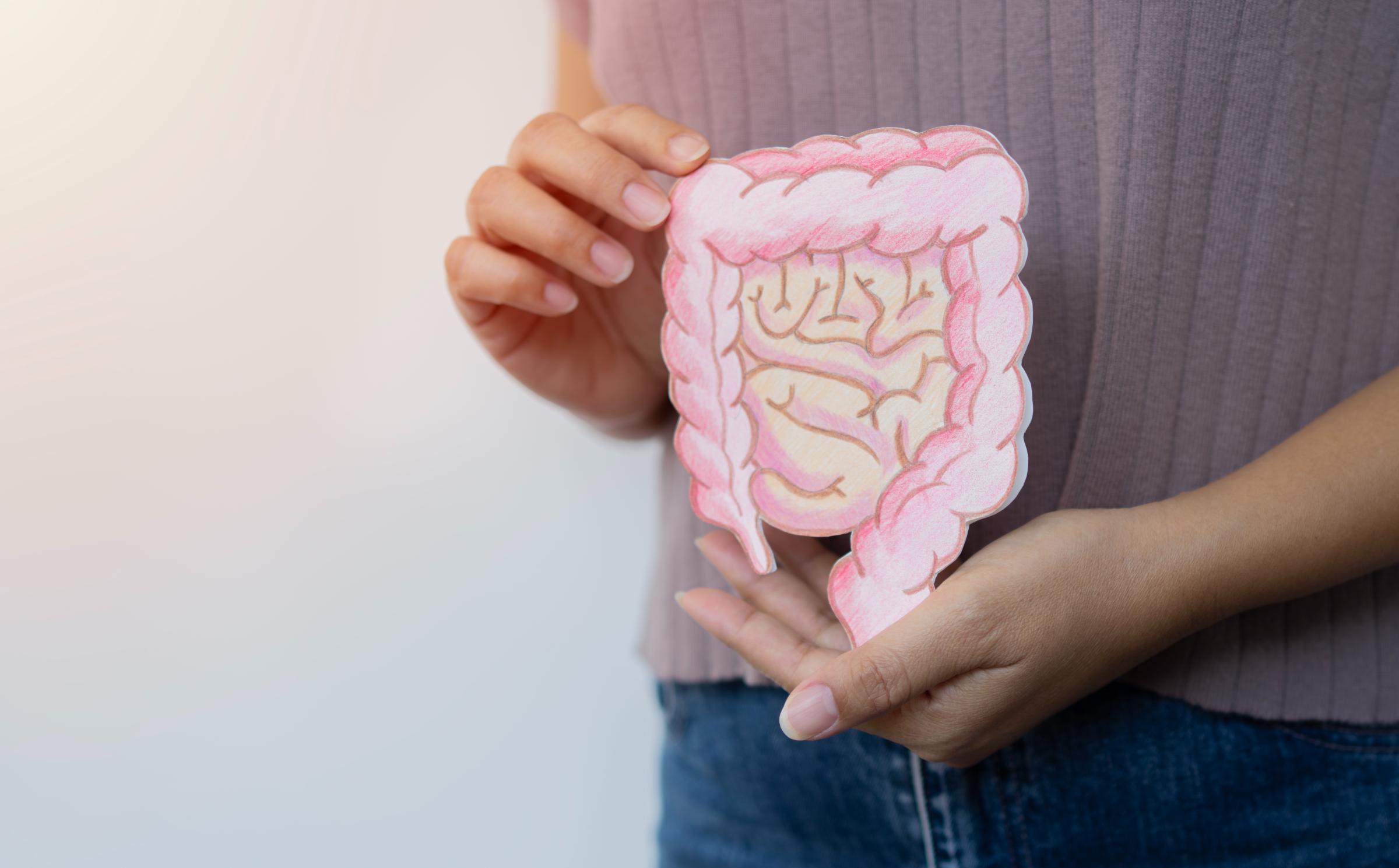 Woman holding an image of an intestine