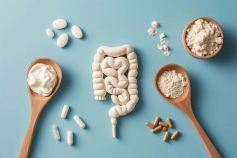 3D intestine surrounded by probiotic pills